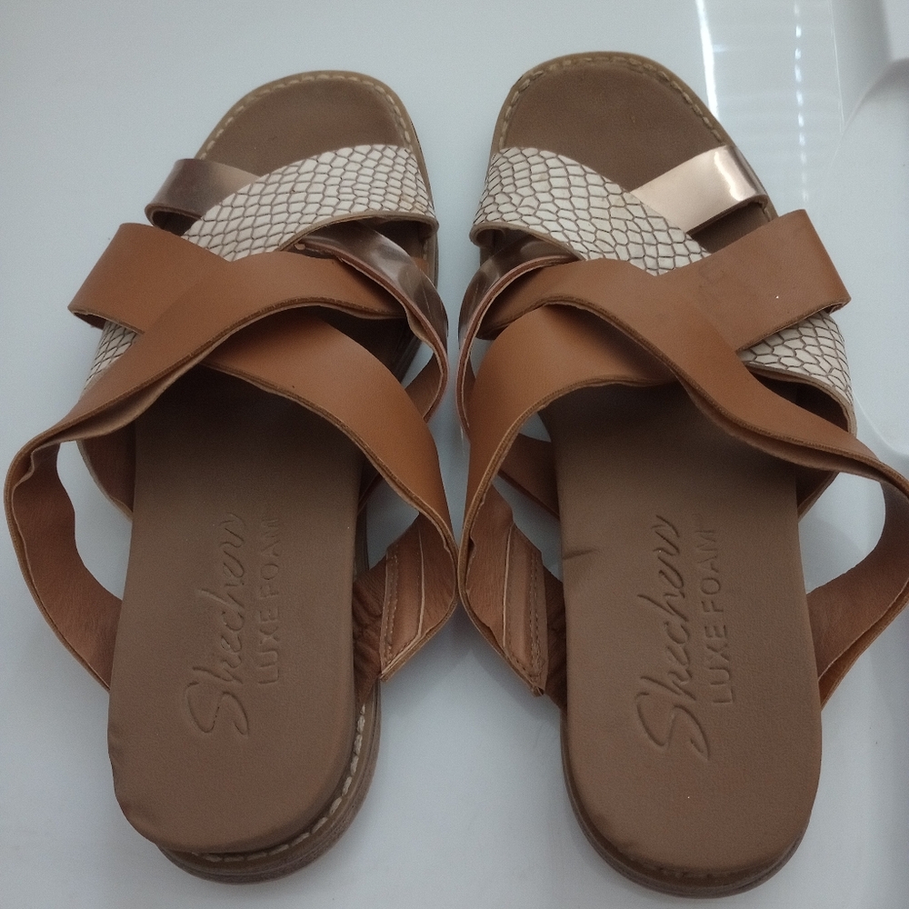 Skechers Tan and and Gold Sandals with Cushioned Footbed